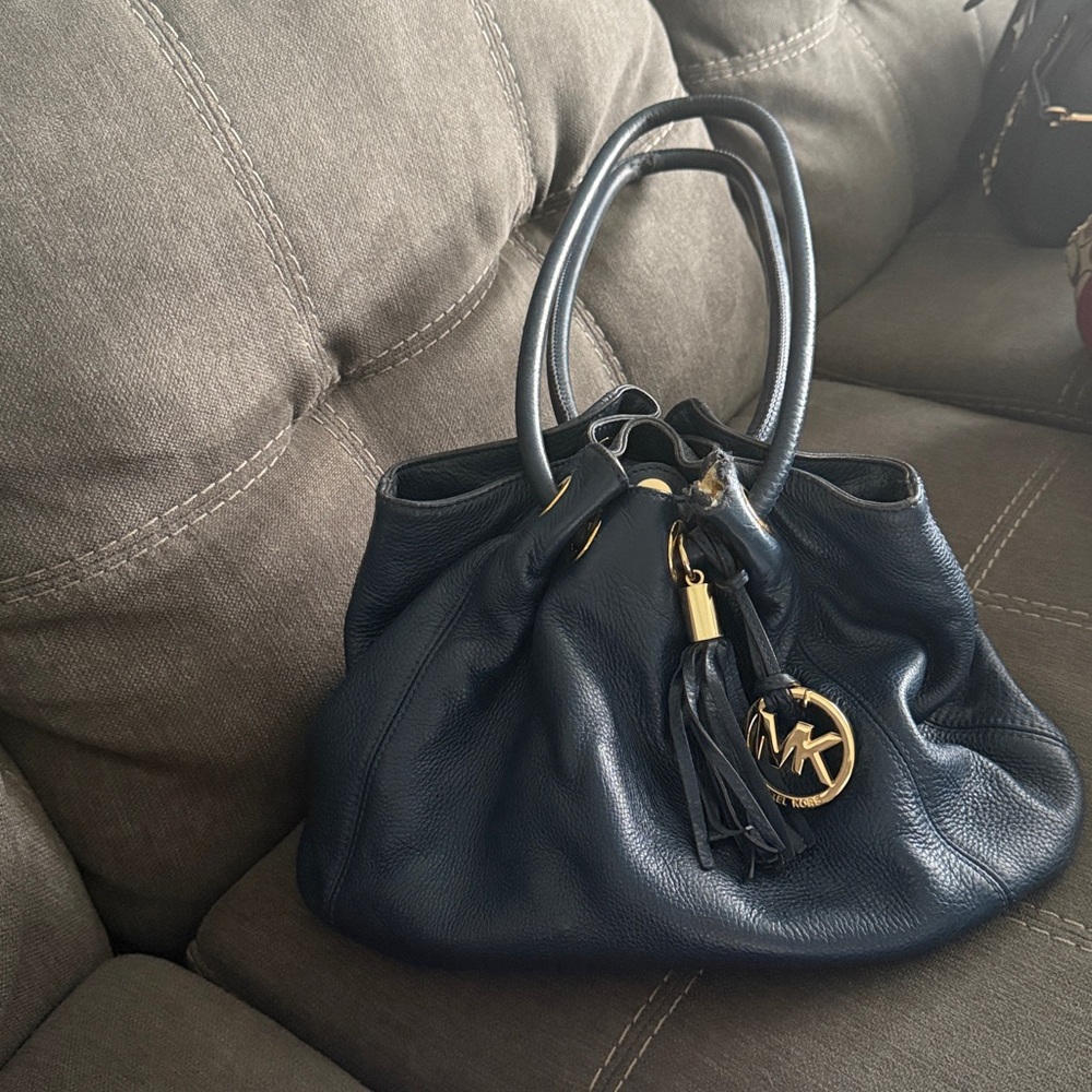 Michael Kors Navy Leather Drawstring Shoulder Bag with Gold Hardware